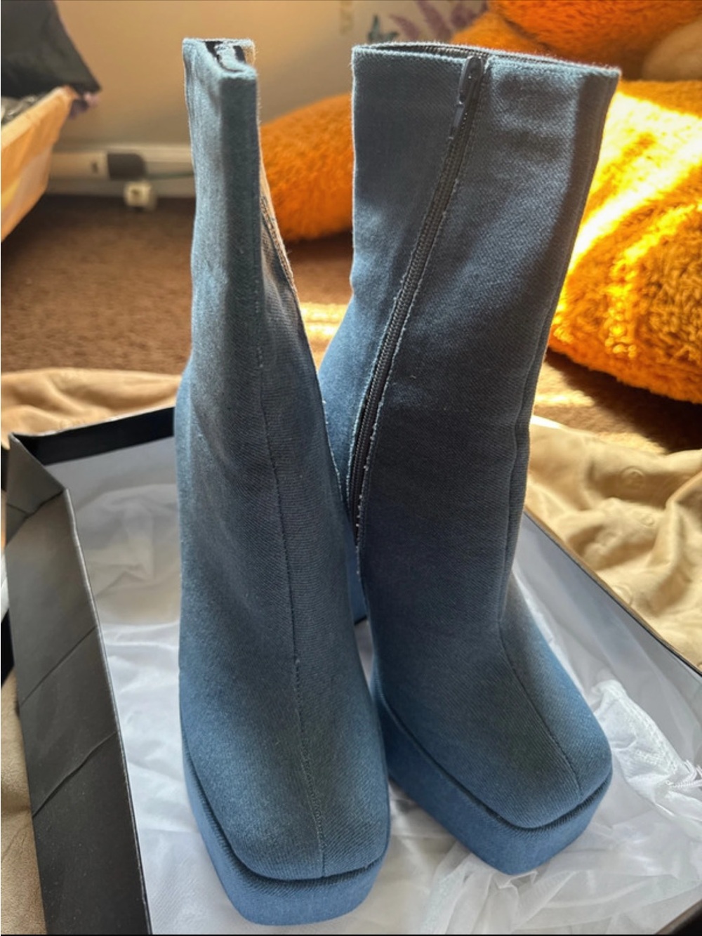 Women’s Blue Stretch Fabric Platform Ankle Boots